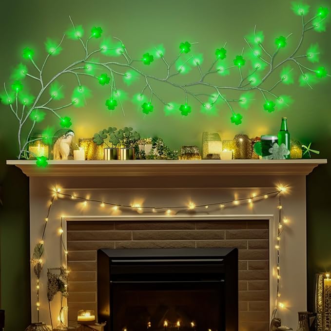 [Timer & 8 Modes] 6 Ft 48 LED St Patricks Day Garland, St Patricks Day Decorations St Patricks Garland with Shamrock Lights St Patricks Day Lights St Patricks Day Decor for Home Table Mantle Porch