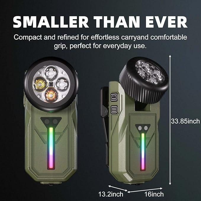 Rechargeable Flashlights EDC Clip-on Light, Bright 680 Lumens Pocket Flashlight, Combines Spotlight/Floodlight/RGB Light, Magnetic, IPX6 Waterproof for Cycling, Repairing (Green)