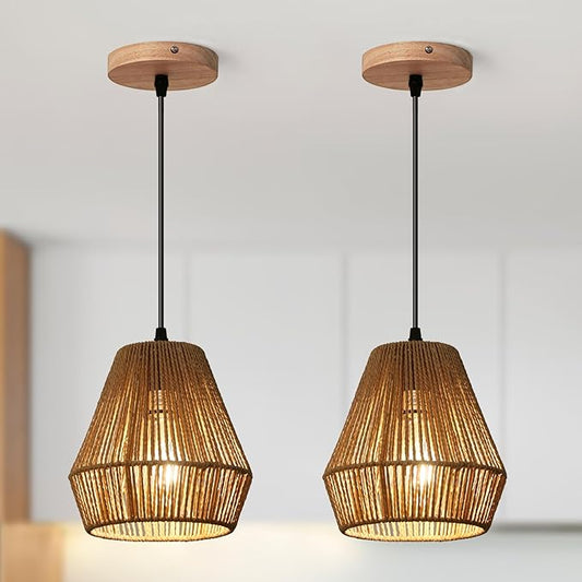 2 Packs Rattan Pendant Lights 7” Boho Woven Kitchen Chandeliers Modern Bohomian Mini Ceiling Hanging Light Fixtures for Farmhouse, Bedroom, Dining Room, Island, Bar, Foyer Hallway