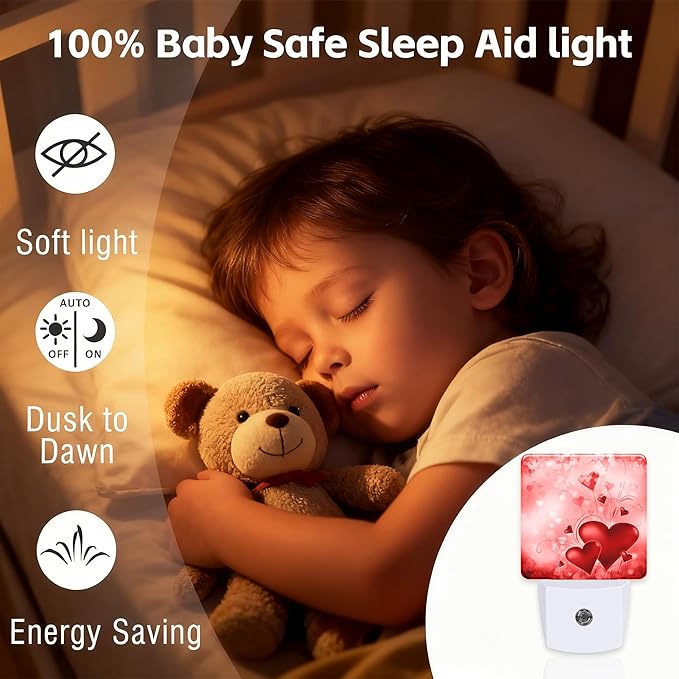 Red Hearts Love Night Light,Dusk-to-Dawn Auto Sensor Sweet Heart Romantic Red Plug in Night Light for Kids,0.5W Energy Saving LED NightLights for Bedroom,Ideal Gifts for Birthday Mother's Day