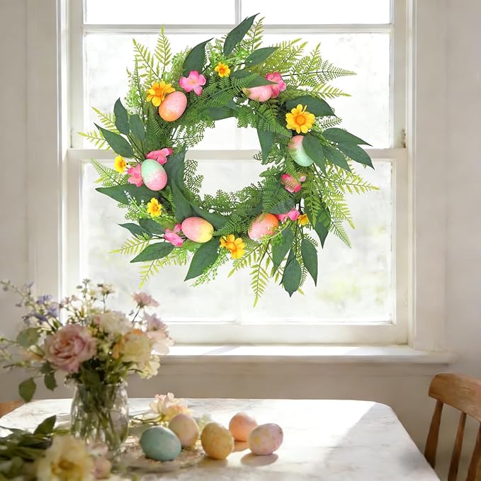 20 Inchs Spring Easter Wreath, Farmhouse Artificial Spring Wreath, Decor with Colorful Easter Eggs, Yellow and Pink Flowers & Green Eucalyptus Leaves, for Door Wall Window Fences