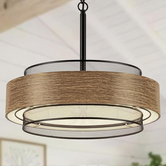 19.7 inch Farmhouse Chandeliers for Dining Room, 5-Light Rustic Large Round Black Chandelier Metal Wood Texture Interior Hanging Lighting for Entryway Kitchen Island Foyer Bedroom Living Room