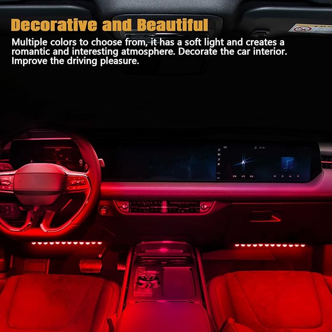 Wuyaoyao Car LED Strip Light, 12V 24 LED Vehicle Interior Atmosphere Lamps with Cigarette Lighter, Auto Under Dash Ambient Night Light, Universal Car Accessories (Red, Cigarette Lighter)