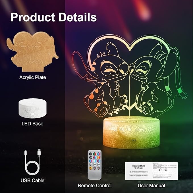 Stitch Night Light for kids: Two-Color Lighting Effects, 32 Changing 3D Illusion LED Lamp with Remote & Touch Control,Stitch Gifts for Girls,Boys,Cute Bedroom Decor for Birthday Christmas Party