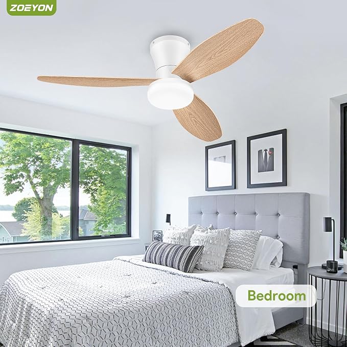 Small Ceiling Fan with Light - 42 Inch Flush Mount Ceiling Fan with Lights and Remote, Low Profile Ceiling Fans with 3 Reversible Blades, 6 Wind Speeds, White&Wood Ceiling Fans for Bedroom