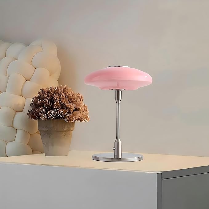 LIGHTLAND Nordic Medieval Table Lamp, Vintage Metal Glass Bedside Lamp with Toggle Switch and 3 Color Light Bulbs, Decorative Table Lamp for Study Bedroom Living Room (Pink+Chrome, 12.6 * 16.5 Inch)