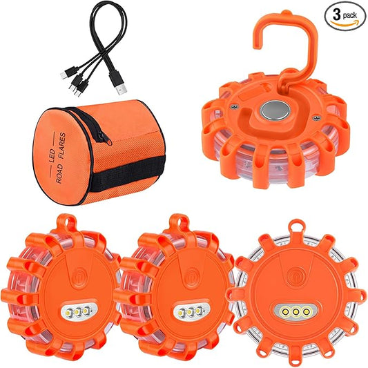 USB C Rechargeable LED Road Flares Emergency Lights with Magnetic Base, 9 Strobe Options Roadside Emergency Warning Car Safety Beacon Flashing Disc Flare Kit for Vehicles & Boat, 4 Pack