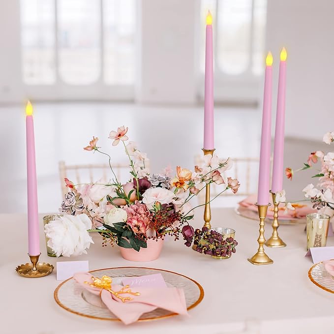 Pink Flameless Taper Candles with Remote, Battery Powered Christmas LED Candlesticks Set of 12