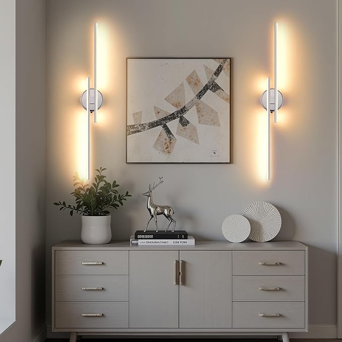 Wireless Battery Operated Wall Sconces with Remote, USB Rechargeable Led Wall Lights, 3000K-6000K Wireless wall sconces for Bedroom, Hallway, Living Room. Chrome 31.4-Inch Wall Light Set of Two