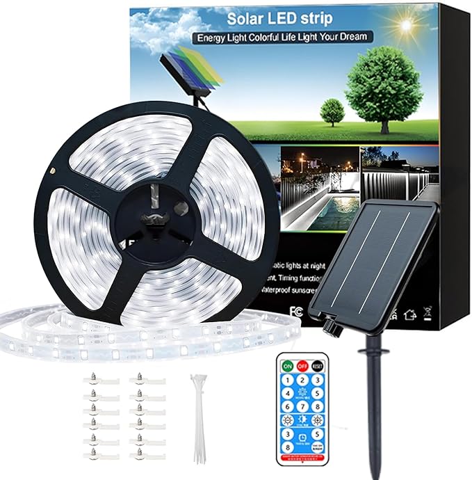 Upgrade Solar Led Strip Lights Outdoor, 50ft Solar Rope Lights Self-Adhesive Waterproof, 8 Mode with Remote Timer and Auto On/Off, Perfect for Deck, Patio, Poolside, Camping Decor, Cold White