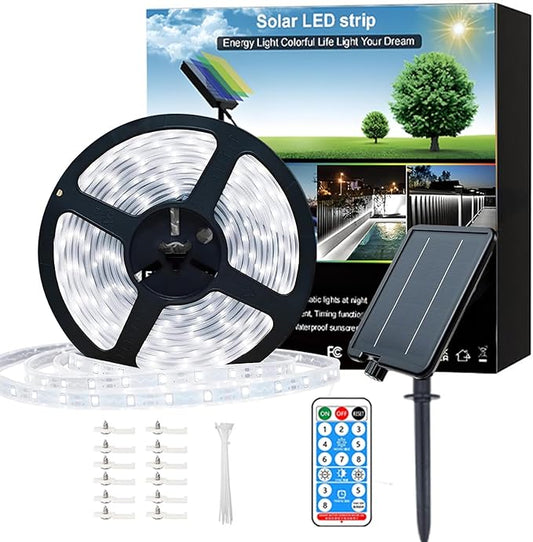 Upgrade Solar Led Strip Lights Outdoor, 50ft Solar Rope Lights Self-Adhesive Waterproof, 8 Mode with Remote Timer and Auto On/Off, Perfect for Deck, Patio, Poolside, Camping Decor, Cold White