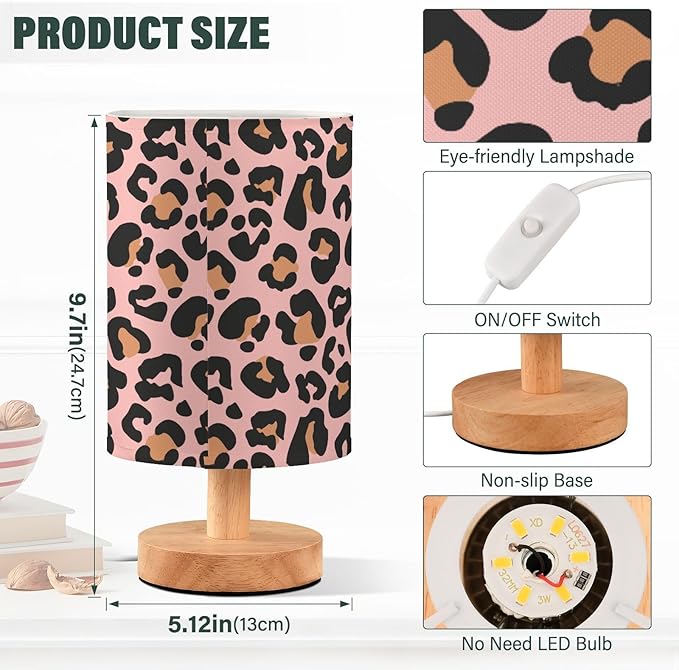 Bedside Table Lamp Pink Leopard Nightstand Lamp with Wood Animal Cheetah Print Desk Lamps for Bedroom Living Room Nursery Office Home Decor