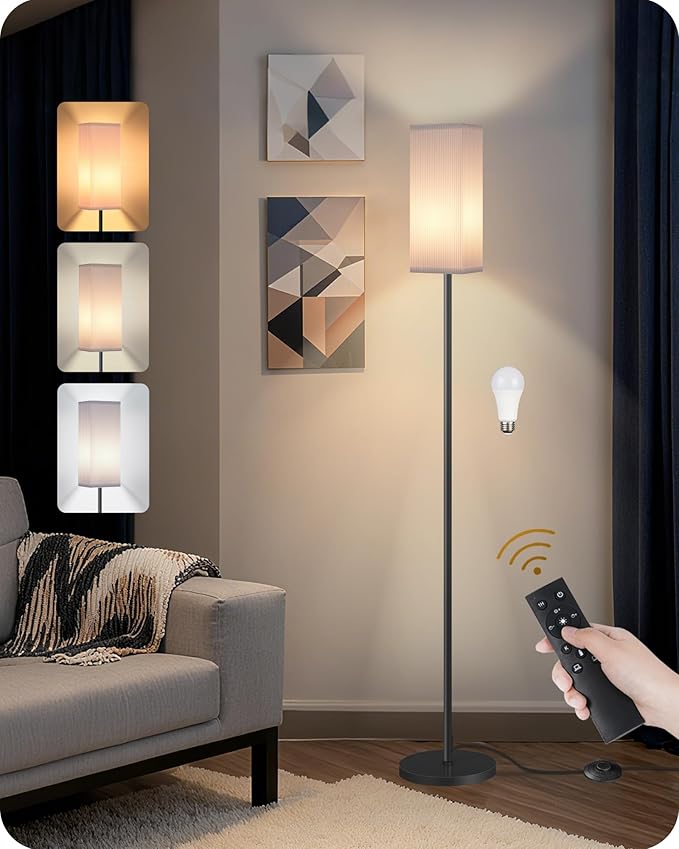 64.2” Dimmable Floor Lamp for Living Room with Remote and Foot Switch, Corner Floor Lamp for Bedroom, Includes 10W A19 Bulb, Modern Standing Tall Lamp, ETL Listed White and Black CW17LD05