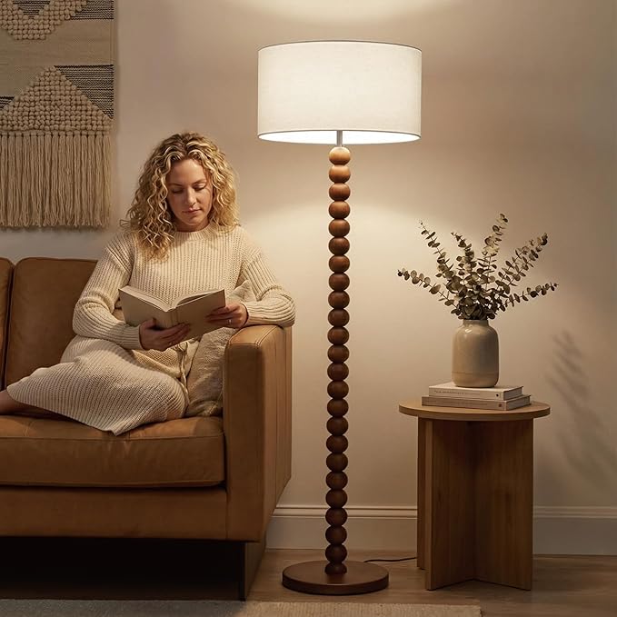 Buruis 61" Beaded Wood Floor Lamp with 17.2" Large Linen Shade, UL Listed, Retro Mid-Century Accent Walnut Finish Standing Lamp for Living Room, Bedroom, Office, Corner, Cream