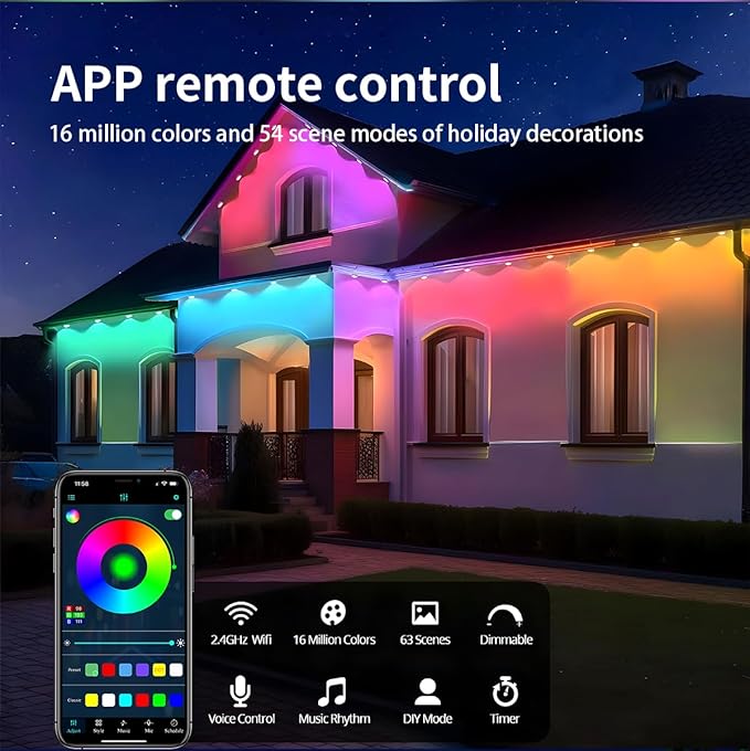 Permanent Outdoor Lights - Smart Outdoor LED Lights, 100ft RGB Color Changing, 54 Scene Modes, App Control, Waterproof IP67, Alexa Compatible