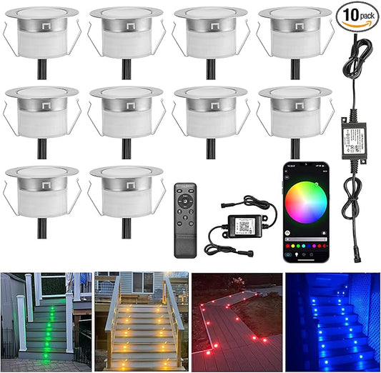 LED Recessed Deck Light Kits-10 Pack φ31mm WiFi Bluetooth Smart Control Low Voltage RGBW Deck Lights Outdoor IP67 Waterproof for Steps, Floors, Yard, Path Decor, Work with Alexa & Google Assistant