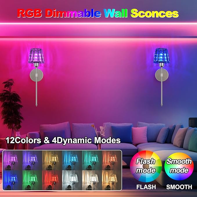 Battery Operated Crystal Wall Sconce Set of 2, Chrome Rechargeable Wireless Wall Sconces with Remote Dimmable 12 Colors Modes Led Wall Lights for Bedroom Living Room Hallway, 2 Bulbs Included