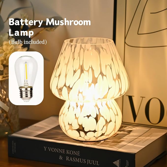 Mushroom Lamp Small Bedside Table Lamp, Battery Operated Mushroom Desk Lamps with LED Bulb, Translucent Glass White Cordless Lamp for Bedroom Nightstand Living Room