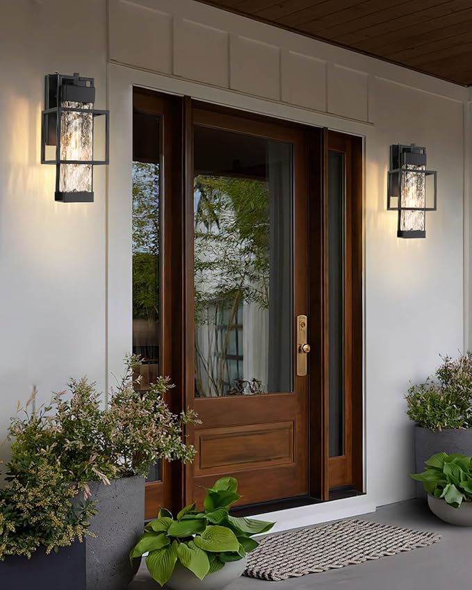 Outdoor Wall Lights Dusk to Dawn with Water Glass, Black Exterior Lighting Fixtures Waterproof Outdoor Sconce Lights with LED Bulbs, 15" H Large Outside Lights for House Porch Garage Patio