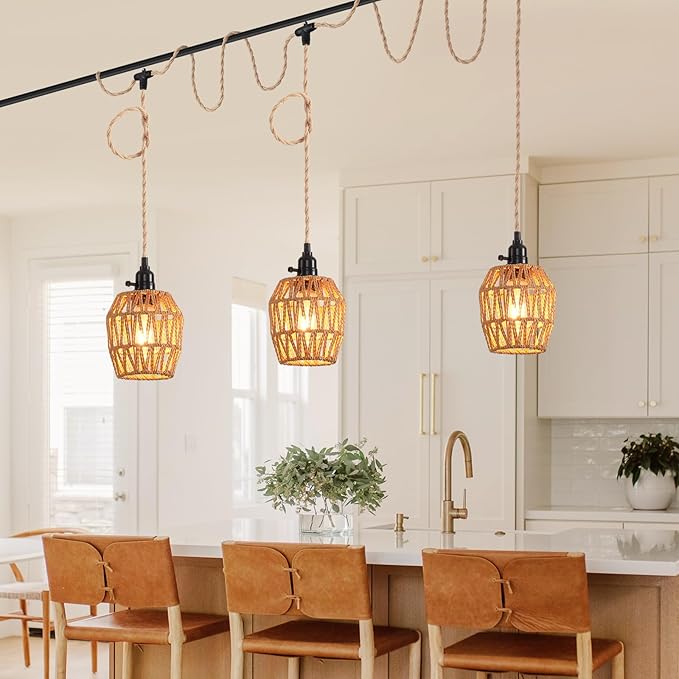 3 Light Plug in Pendant Light Rattan Hanging Lights with Switch 22FT Industrial Ceiling Light,Plug in Cord with Woven Hemp Rope Lamp Shade, Hanging Lamp Cord Farmhouse Cable DIY