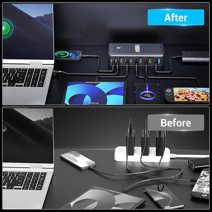 1000W USB C Charging Station, 10-Port USB C Charger Block, PD 140W PD 100W QC 20W GaN Ⅲ Fast USB Charger for MacBook, Ipad, iPhone, Samsung