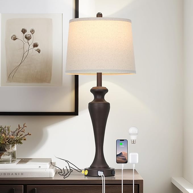 30 Inch Dark Brown Table Lamp Single, 3-Way Touch Control Bedside Lamp with USB A+C Ports and AC Outlet, Tall Living Room Lamps for End Table, Elegant Coffee Bedroom Lamps for Night stand, Coffee