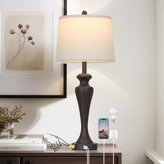30 Inch Dark Brown Table Lamp Single, 3-Way Touch Control Bedside Lamp with USB A+C Ports and AC Outlet, Tall Living Room Lamps for End Table, Elegant Coffee Bedroom Lamps for Night stand, Coffee
