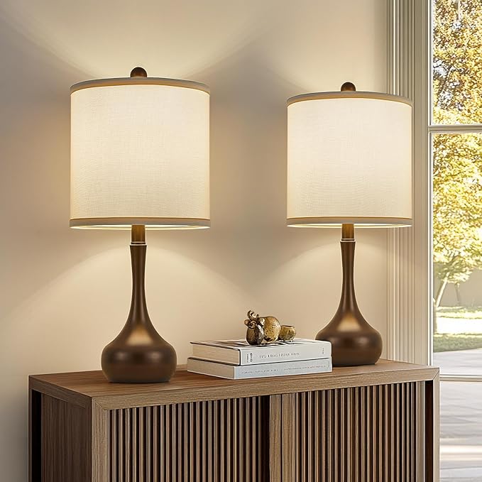 23" Brown Metal Modern Table Lamp Set of 2,Farmhouse Bedside Lamps for Living Room, 3 Color Temperature Rustic Table Lamps for Bedroom, Night Stands, Dorm,Office, Home Décor (Bulb Included) ﻿