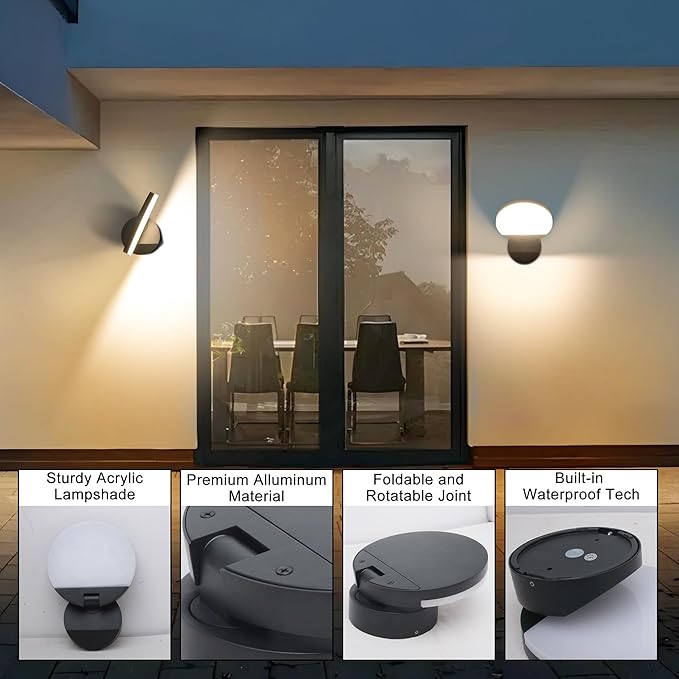 Outdoor Wall Light, 18W 1980LM Black Aluminum Outdoor Lights IP65 Waterproof Rotatable Sconce Lighting, LED Porch Lights 3000K Foldable Patio Wall Light Fixture for House Garage Round