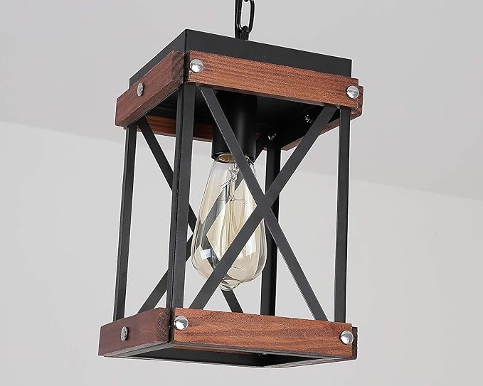 Fivess Lighting Rustic Farmhouse Plug in Pendant Light with 15ft Cord, On/Off Switch, Wood & Metal Cage Adjustable Chains Industrial Mini Hanging Fixture for Kitchen Island Sink Bar Farmhouse, Black