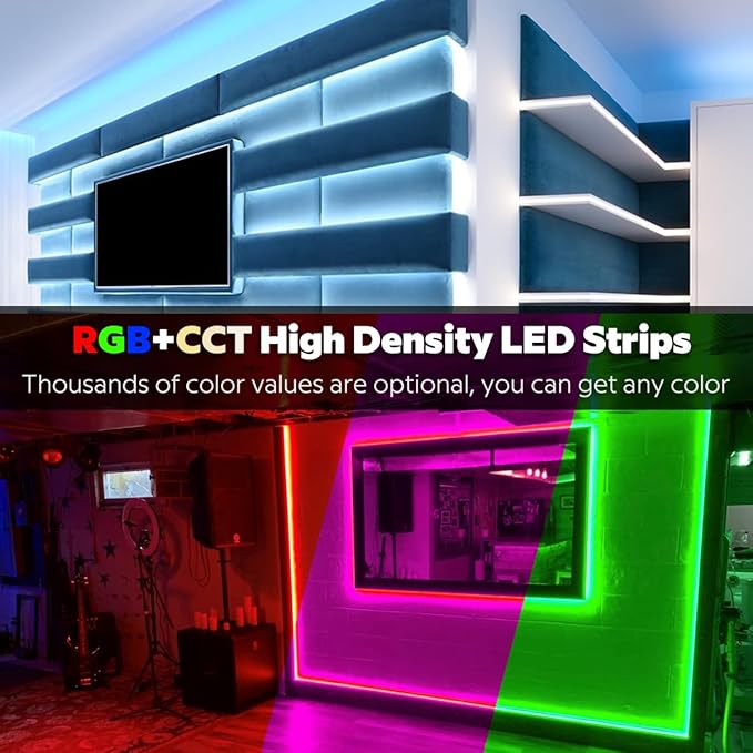 Bright Double Row Bendable RGBCCT 5in1 LED Strip 24V 660LEDs Micro Serrated And Center Cutout PCB Flexible S LED Strip RGB+W+WW 5 Colors In 1 LED (20mm Wide) 16.4ft (Dual Row 660LEDs IP20)