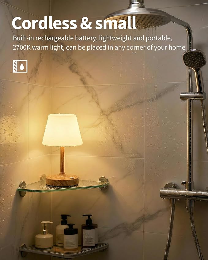 PUSU Cordless LED Wood-Grain Small Table Lamp, Waterproof Shower Light with 4000mAh Battery, Portable Rechargeable Touch Dimming Night Light for Bathroom, Outdoor Camping, Kitchen, Patio, Restaurant