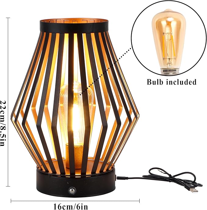 JHY DESIGN Set of 2 Dimmable Bedside Table Lamp 8.5''H Rechargeable Metal Cage Lantern with LED Edison Style Bulb Cordless Accent Lamp for Weddings Parties Patio Events for Indoors Outdoors