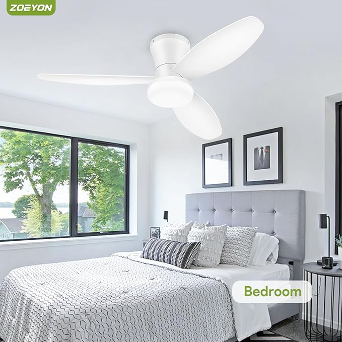 Small Ceiling Fan with Light - 42 Inch Flush Mount Ceiling Fan with Lights and Remote, Low Profile Ceiling Fans with 3 Reversible Blades, 6 Wind Speeds, White Ceiling Fans for Bedroom