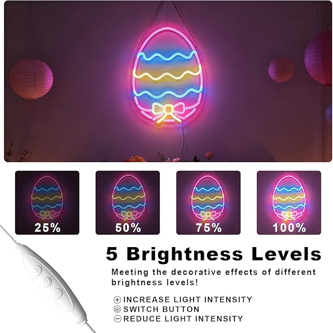 Easter Eggs Neon Sign - Multicolor Pastel LED Wall Light, USB Powered Dimmable Spring Decor with Hanging Chain - Perfect for Easter Party Decorations & Home festive Decor