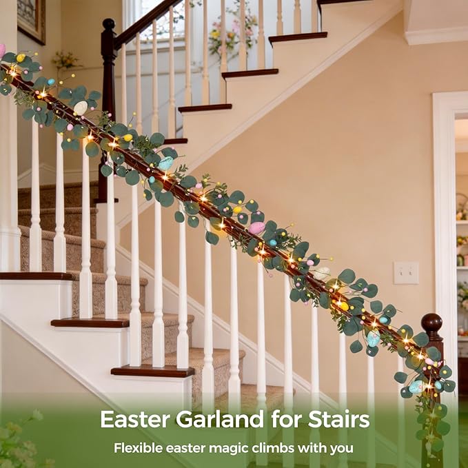 Easter Decorations 6FT Prelit Lighted Easter Garland, Eucalyptus Garland with Easter Eggs, Berries & Buds - 20 LED Lights 8 Modes with Timer, Battery Operated for Mantle Door Table Home Indoor Outdoor