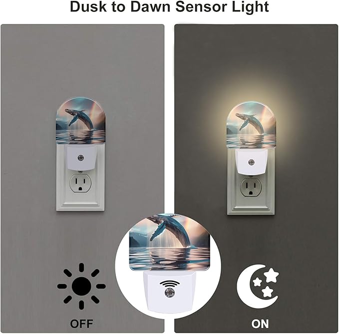Jumping Whale Night Light for Kids, Ocean Marine Life Rainbow Night Light Plug in with Dusk to Dawn Sensor, 0.5w Energy Saving Sleep Friendly Nightlight for Hallway Stairway Kitchen Bedroom