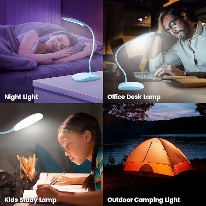 Battery Powered Desk Lamp, Portable Lamps Rechargeable 3 Color Modes Touch Control Stepless Dimming, Wireless Desk Lamp with 2000mAh, Small LED Table Light for Dorm Study Office Bedroom,Blue