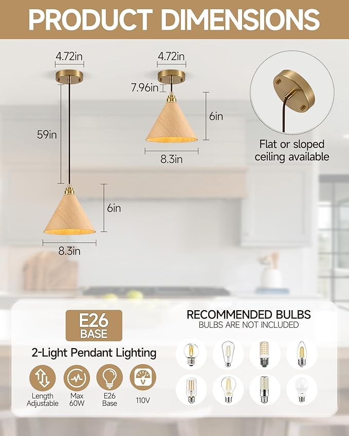 2 Pack Pendant Lights Kitchen Island, 8.3” Small Wood Pendant Light, Adjustable Height Hanging Light Fixtures, Kitchen Island Lights for Dining Room, Bedroom, Hallway, Bar (Natural Wood)