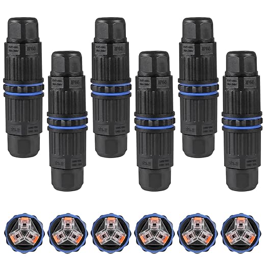 6pcs IP68 Waterproof Junction Box, Outdoor Electrical Cable Connector for 3.5-10mm Wire Range(AC 250V, 16A), Quick Screwless Installation (2003-3Pin)