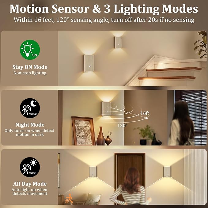 Battery Powered Wall Sconce Set of 2: 5000mAh Rechargeable Motion Sensor Wall Light with Remote, 3 Colors Wireless Sconce Magnetic Motion Sensor Night Light Indoor for Bedroom Hallway Stair, Beech