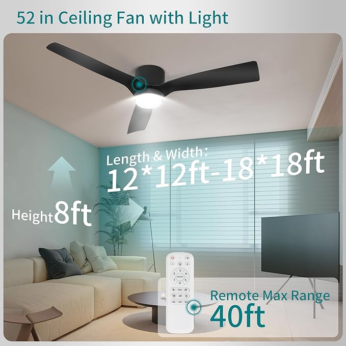 52inch Ceiling Fan with Lights,Flush Mount Ceiling Fan with Remote Control,Dimmable Light,3 Blade,6 Speeds,Mordern Black Ceiling Fan for Bedroom,Dining Room,Hallway