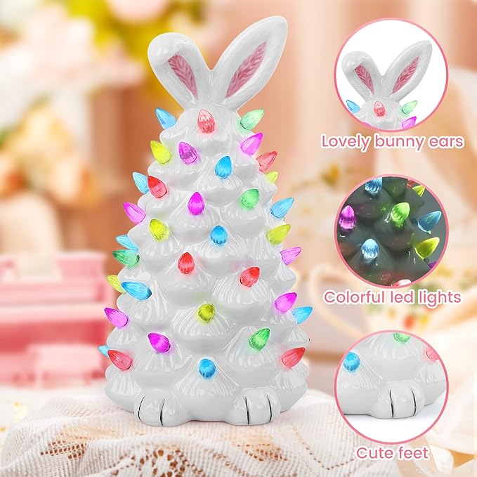 Light up Easter Bunny Decor Glowing Tree, Cute Ceramic Tree Bunny Decorations for The Home Indoor Bedroom Office Decor Tabletop, Easter Night Light for Kids Gifts (White)