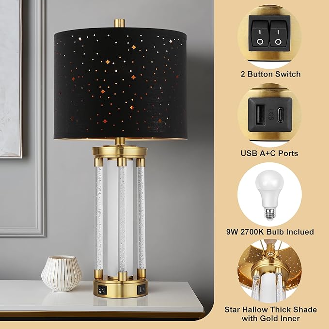 QiMH Gold Table Lamps Set of 2 with USB A+C Ports, Morden Bedside Lamps with Night Light, Unique Star Hallow Black Shade Lamp for Night Stands, Lamps for Bedroom, Office and End Tables(Bulb Included)