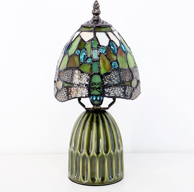 Tiffany Lamp Stained Glass Mushroom Table Lamps 6X6X12.5 Inch Amber White Dragonfly Style Small Night Light Ceramic Base Mini Accent Desk Light Suitable for Bedside Table Bedroom Children Room