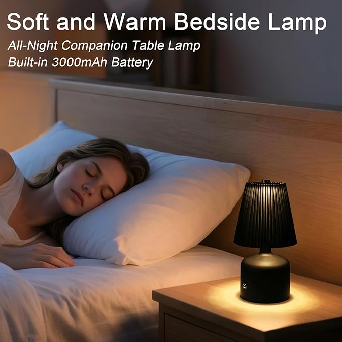 Small Cordless Table Lamp Rechargeable Desk Lamp, 3 Color Stepless Dimming, Metal Base Pleated Table Lamp for Bedside, Bedroom, Dining Room, Living Room (Black)