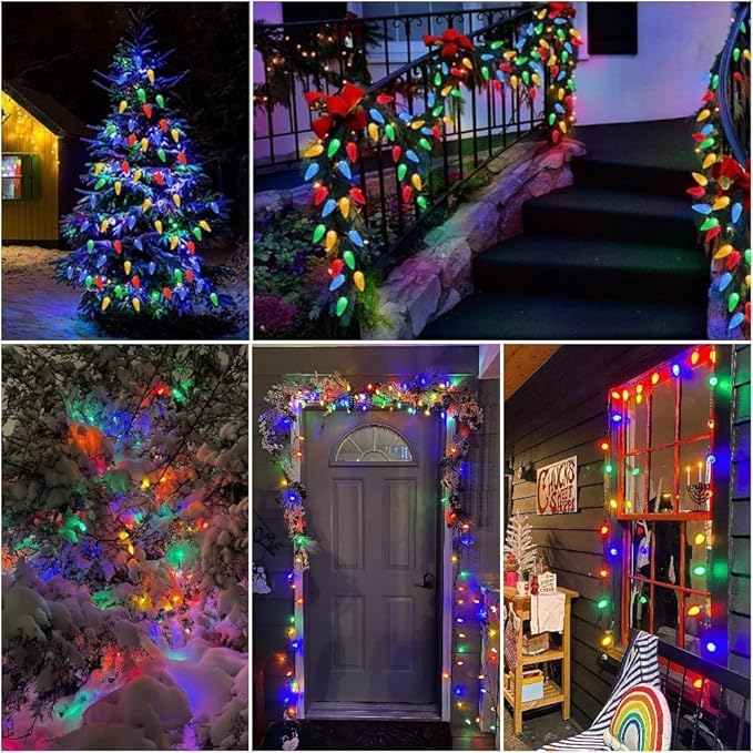2 Pack 100LED C6 Christmas Lights Battery Operated, 16.4FT C6 Christmas Lights Battery Powered with Timer, 8 Modes, Waterproof for Outdoor Garden Patio Indoor Xmas Tree Bedroom Party, Multi-Color