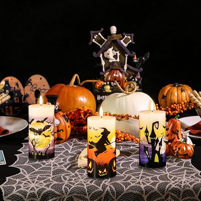 DRomance Halloween Flameless LED Candles Battery Operated with Remote and Timer, Real Wax Flickering Pillar Candles 3D Wick Dimmable Light Castle Witch Bats Halloween Decor(3 Pack, 3 x 6 Inches)