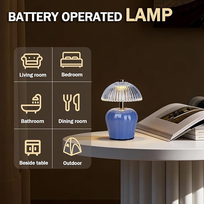 MJ PREMIER Small Cordless Lamp, Battery Operated Lamp with Timer, Mini Crystal Glass Mushroom Lampshade, Cute Small Table Lamps, Decorative Led Light for Bedroom Living Room Shelf (Blue)