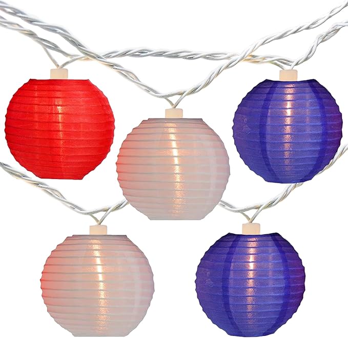 SUNSGNE Red White Blue Lantern String Lights 8.5Ft, Multicolor Lantern Decoration Lights with 10 Red White and Blue Lanterns for Patio Backyard Garden Memorial Day Presidents Day Decor